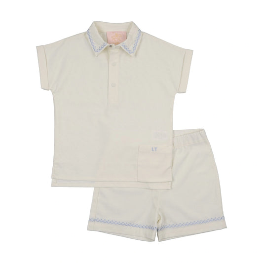 Boys Ramie Embroidered Collar Shirt + Shorts - Cream