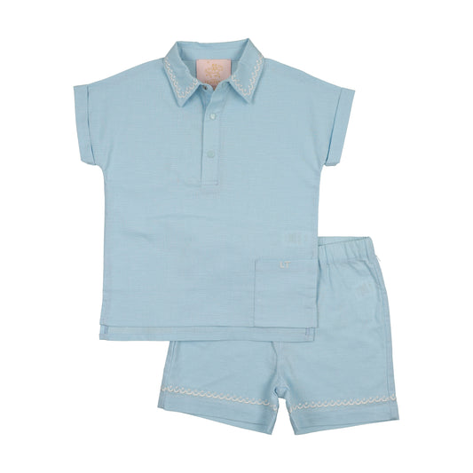 Boys Ramie Embroidered Collar Shirt + Shorts - Aquamarine