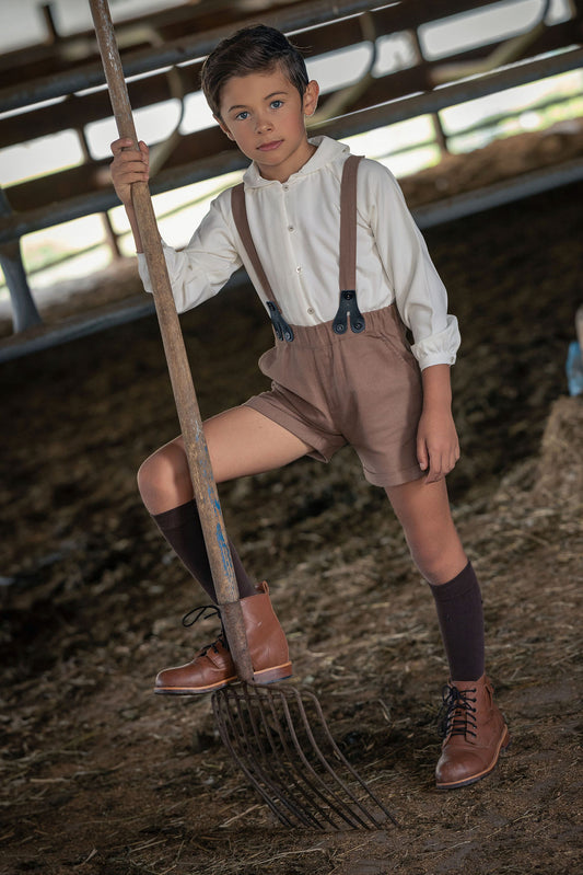 Boys Suspender Shorts - Beige