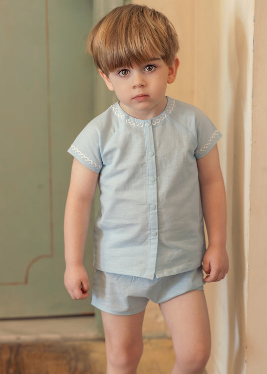 Boys Ramie Embroidered Collar Shirt + Shorts - Aquamarine